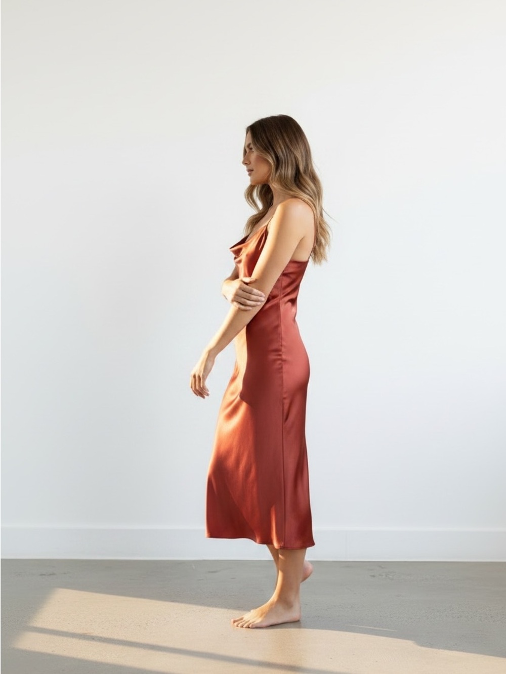 Lulu's Satin Slip Midi Dress in Rust Copper - Picture 2 of 4